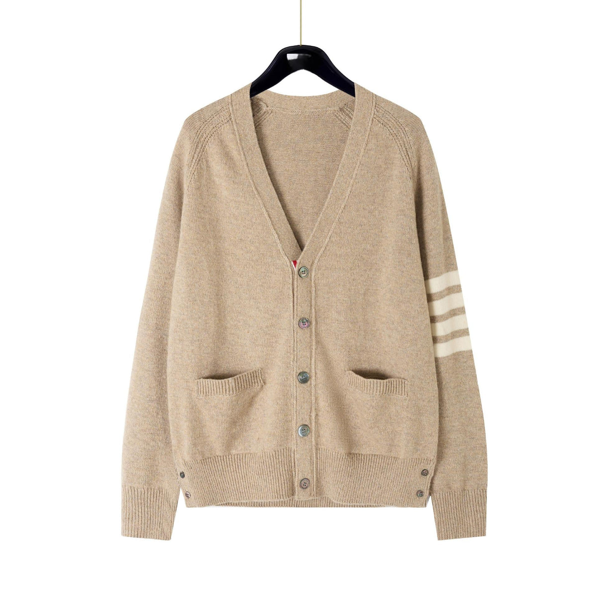 4 - Bar Premium Cotton V - Neck Cardigan - Classic Khaki Knit | Thom Browne