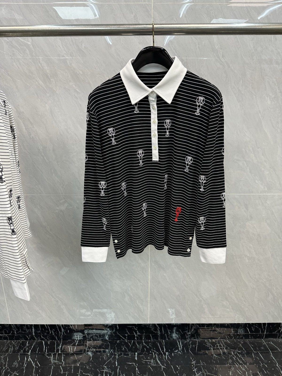 Thom Browne Style Balloon-Embroidered Striped Long-Sleeve Polo