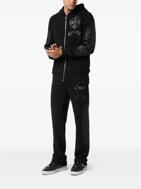 Philipp Plein leather-insert crest-zip hoodie