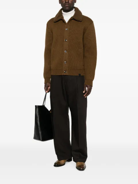 TOM FORD shearling-collar elbow-patch cardigan