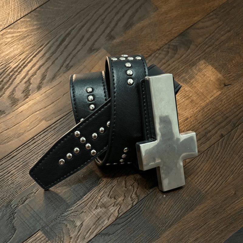 REBEL WAVE Cross Rivet Leather Belt Dark Punk Metal Buckle Unisex