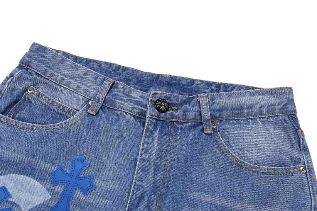 Chrome Hearts Extremely Rare Blue Cross Patch Spraypainted Jeans
