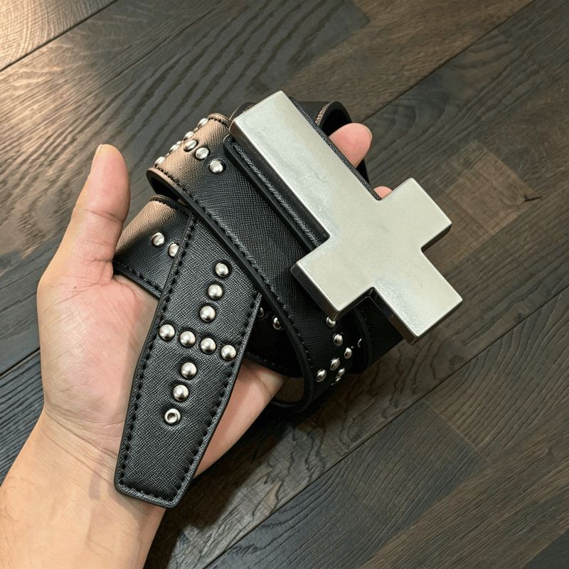 REBEL WAVE Cross Rivet Leather Belt Dark Punk Metal Buckle Unisex