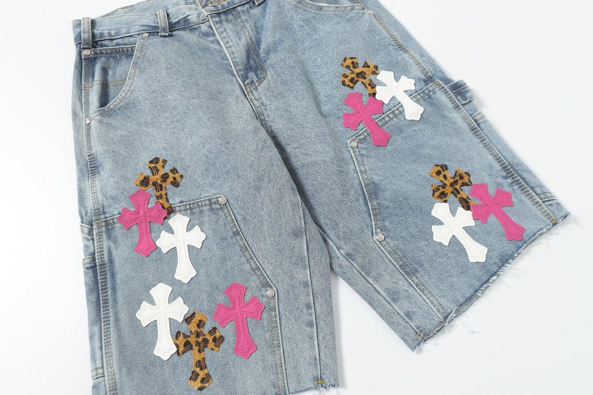Chrome Hearts Vintage Cross Patchwork Washed Carpenter Denim Shorts 201