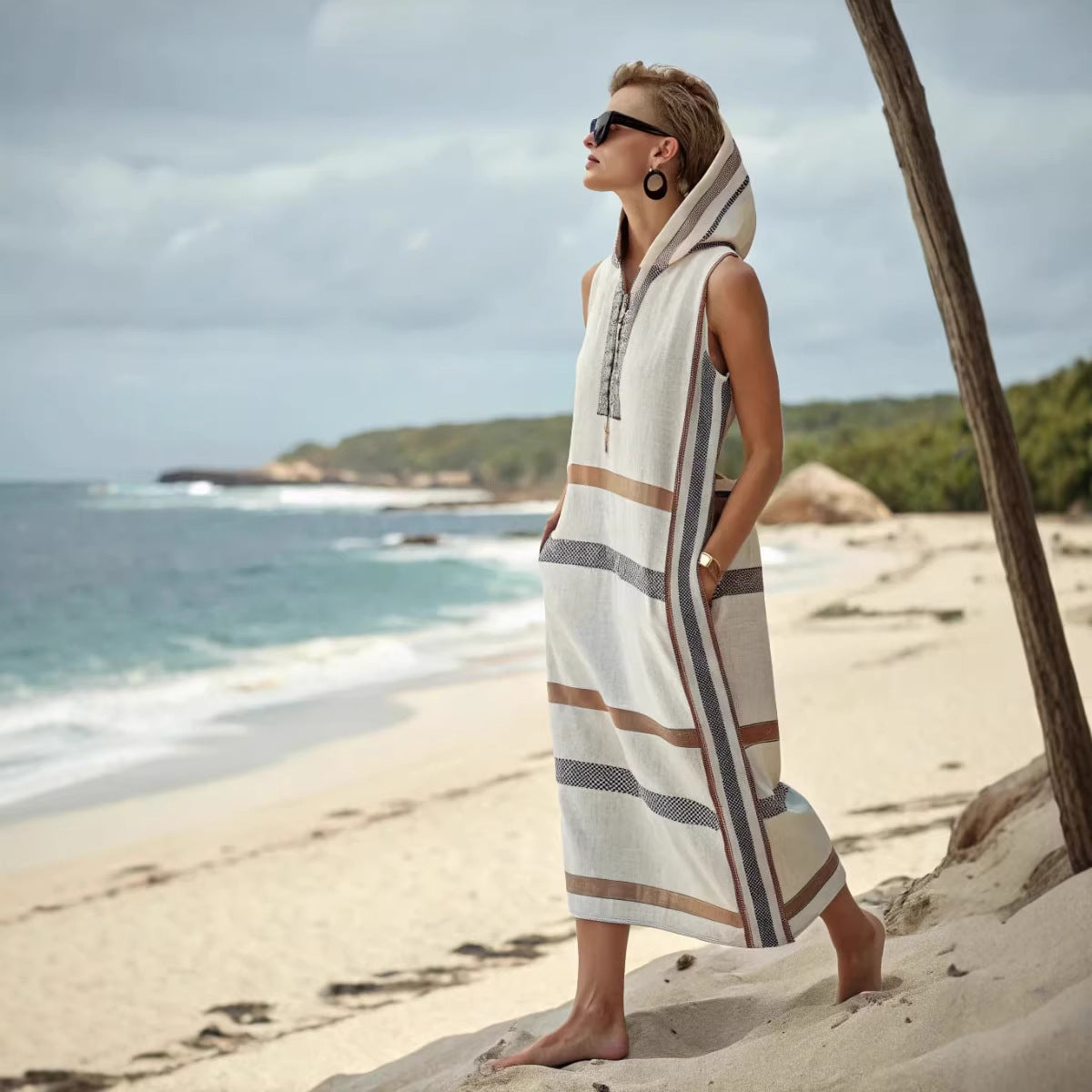 Women's Hooded Striped-Trim Sleeveless Maxi Beach Cover-Up