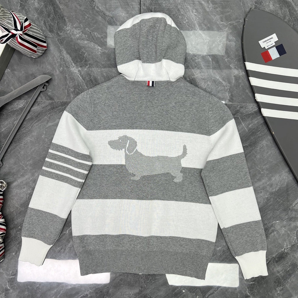 Thom Browne Style Striped Dog-Motif Zip-Up Knit Hoodie
