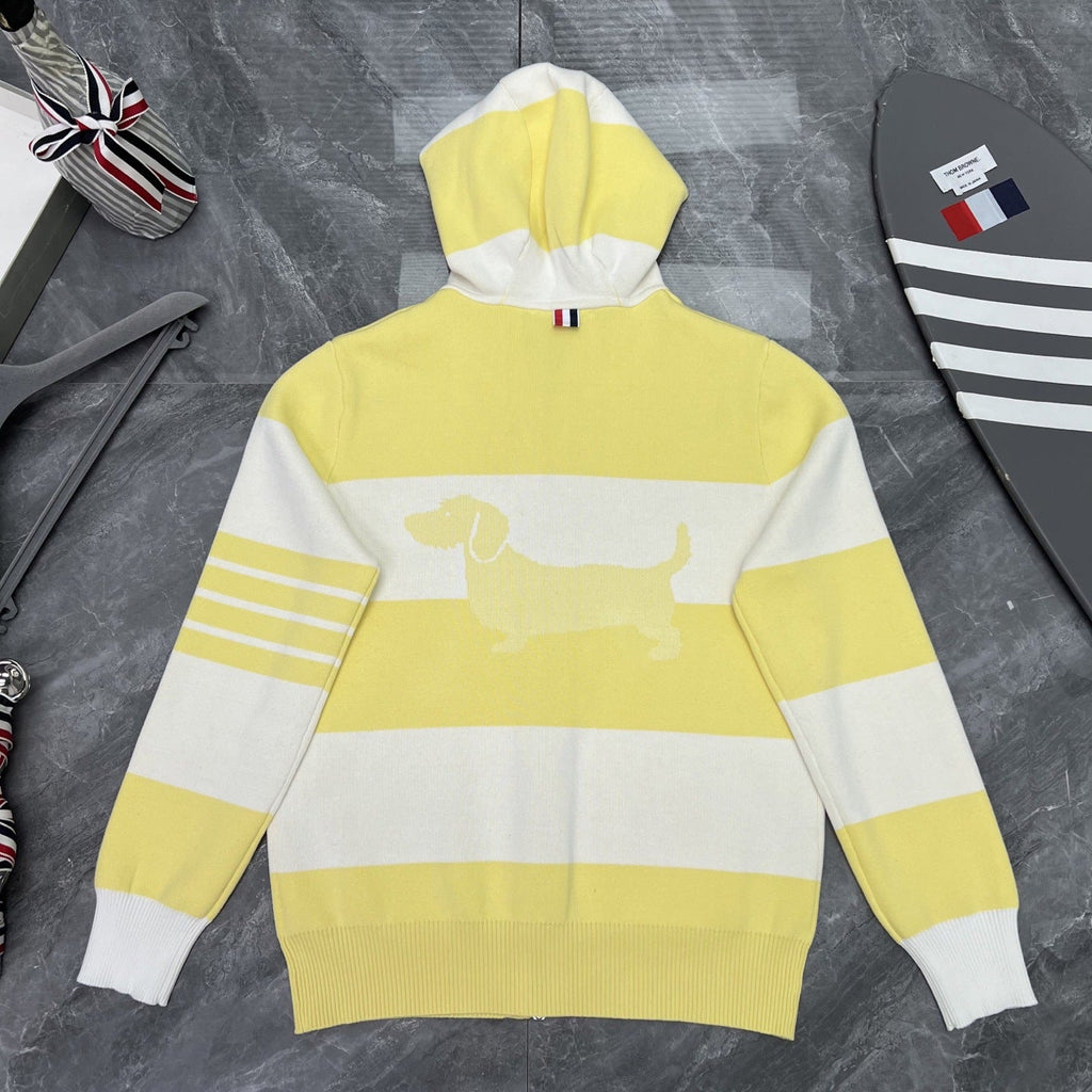 Thom Browne Style Striped Dog-Motif Zip-Up Knit Hoodie