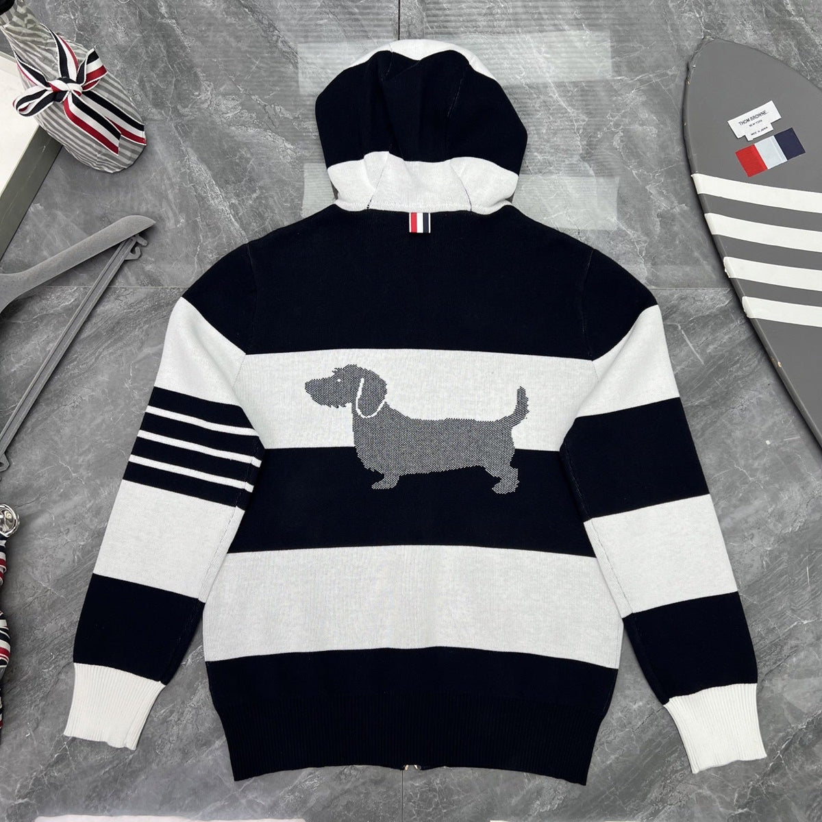 Thom Browne Style Striped Dog-Motif Zip-Up Knit Hoodie