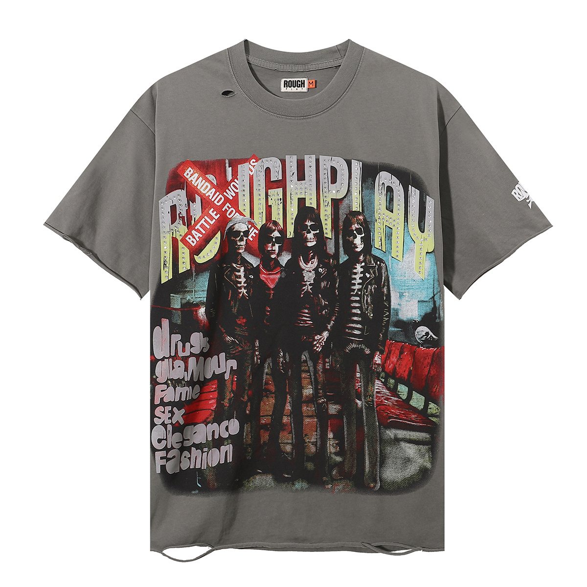 Rough Play Skeleton Rhinestone Distressed T-Shirt