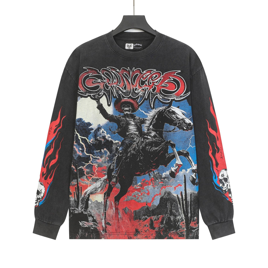 Godspeed Washed Black Cowboy Graphic Long-Sleeve T-Shirt