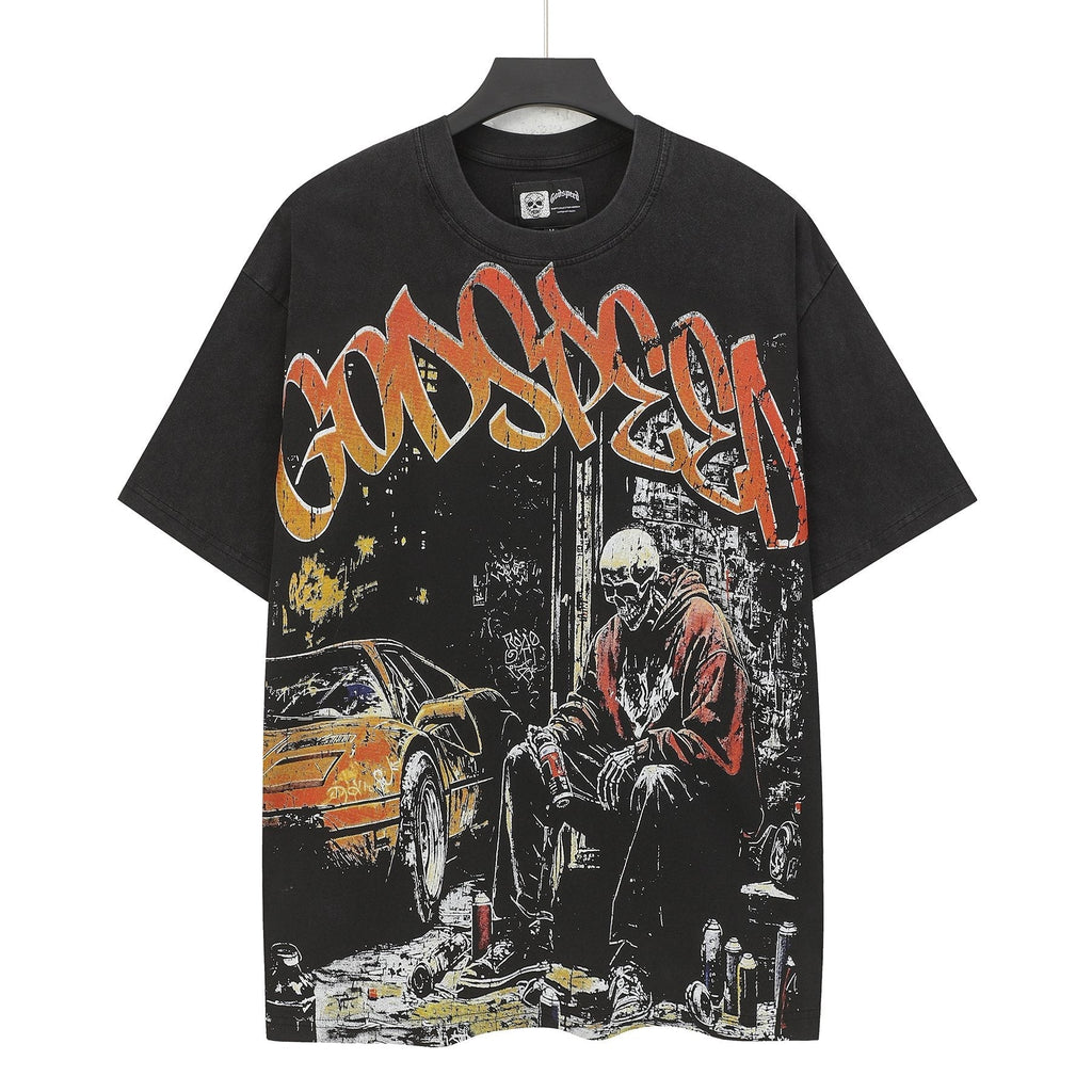 Godspeed Street Graffiti Skeleton Car Graphic T-Shirt