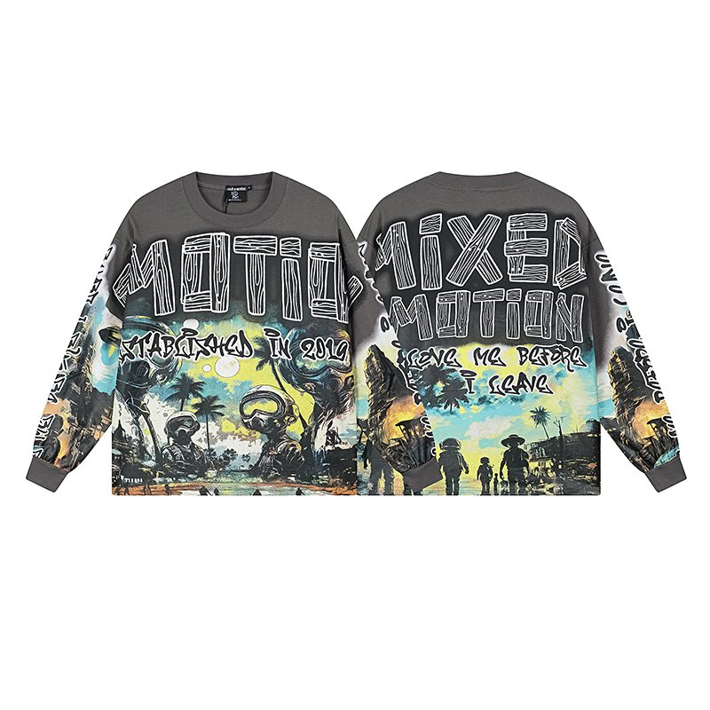 MIXED EMOTION Gray Graffiti Graphic Long-Sleeve T-Shirt