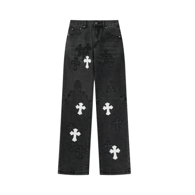 Chrome Hearts Black & White Cross Patch Flame Knee Jeans