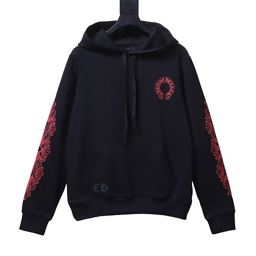 Chrome Hearts Pink Horseshoe Floral Sleeve Pullover Hoodie Black