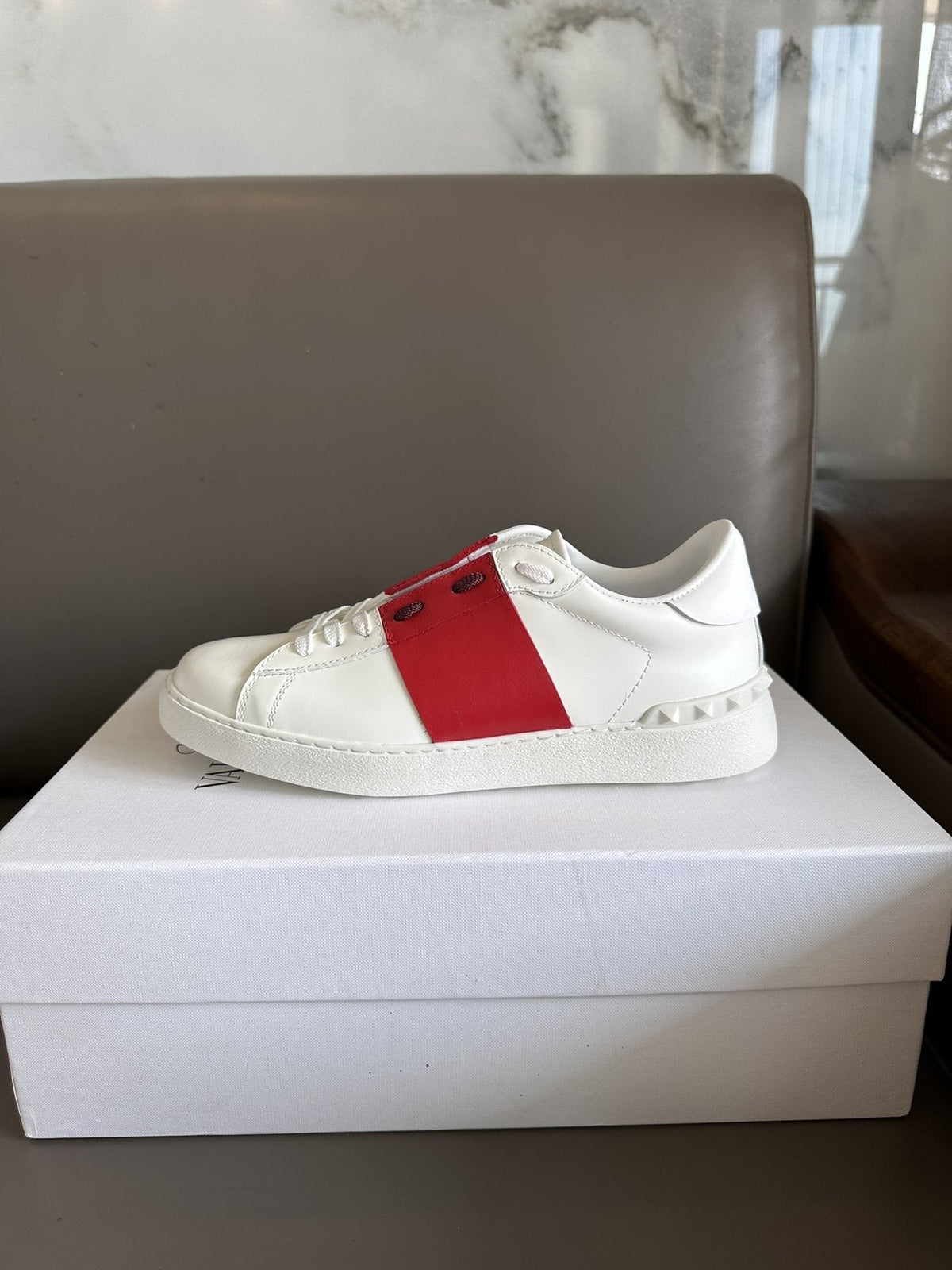 Valentino White and Red Studded Low-Top Sneakers