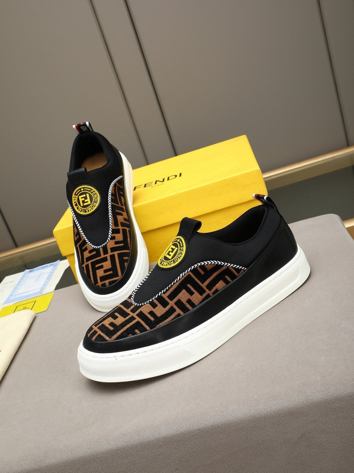 Fendi Men's Brown Panel Slip-On Sneakers