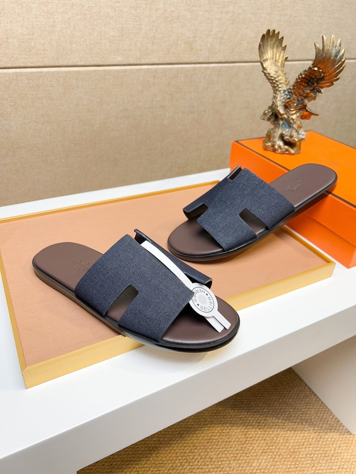 Hermès Dark Navy Blue H-Strap Slide Sandals
