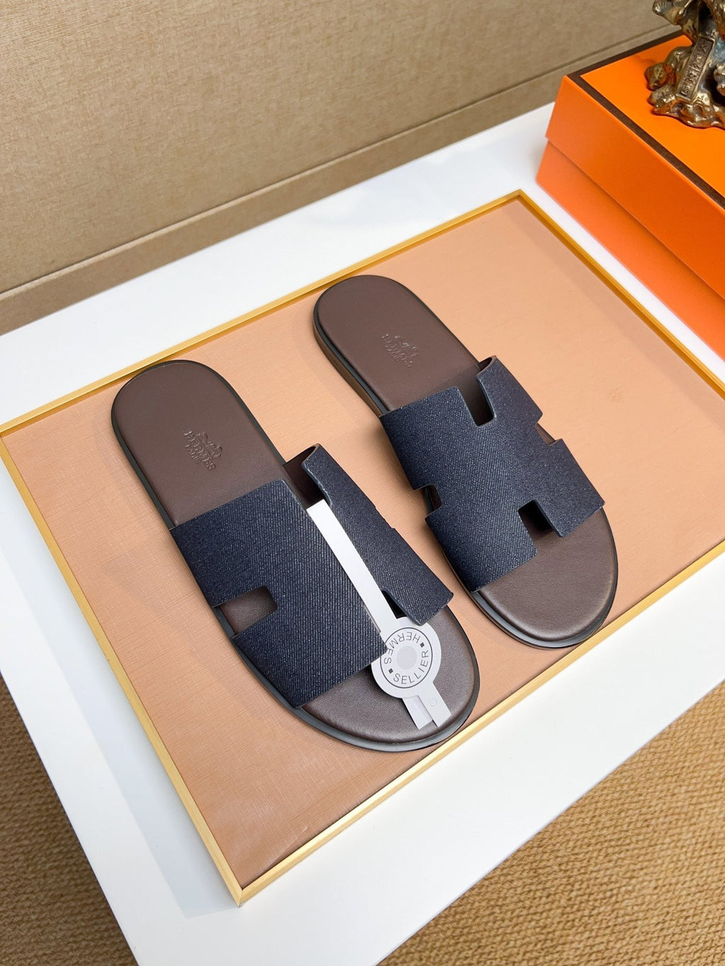 Hermès Dark Navy Blue H-Strap Slide Sandals