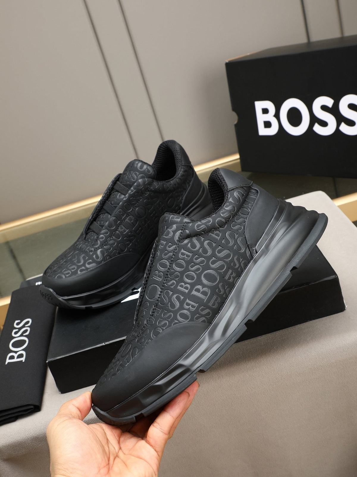 BOSS Men's Black Logo Slip-On Sneakers