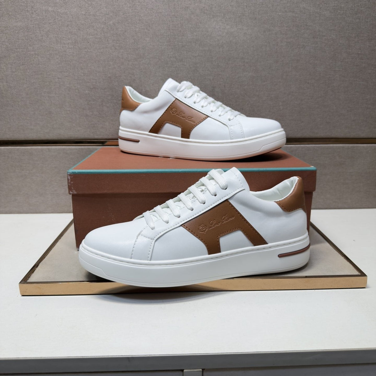 White and Brown Low-Top Sneakers