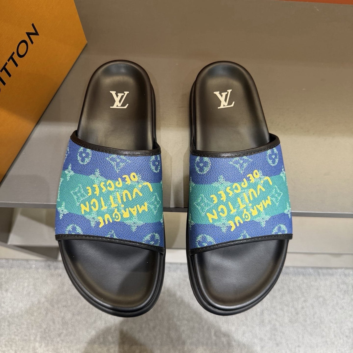 Louis Vuitton Blue & Green Printed Slide Sandals