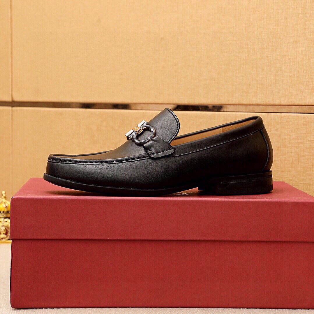 Ferragamo Men's Black Buckle Loafers - Moc-Toe Stitching, Leather Lining