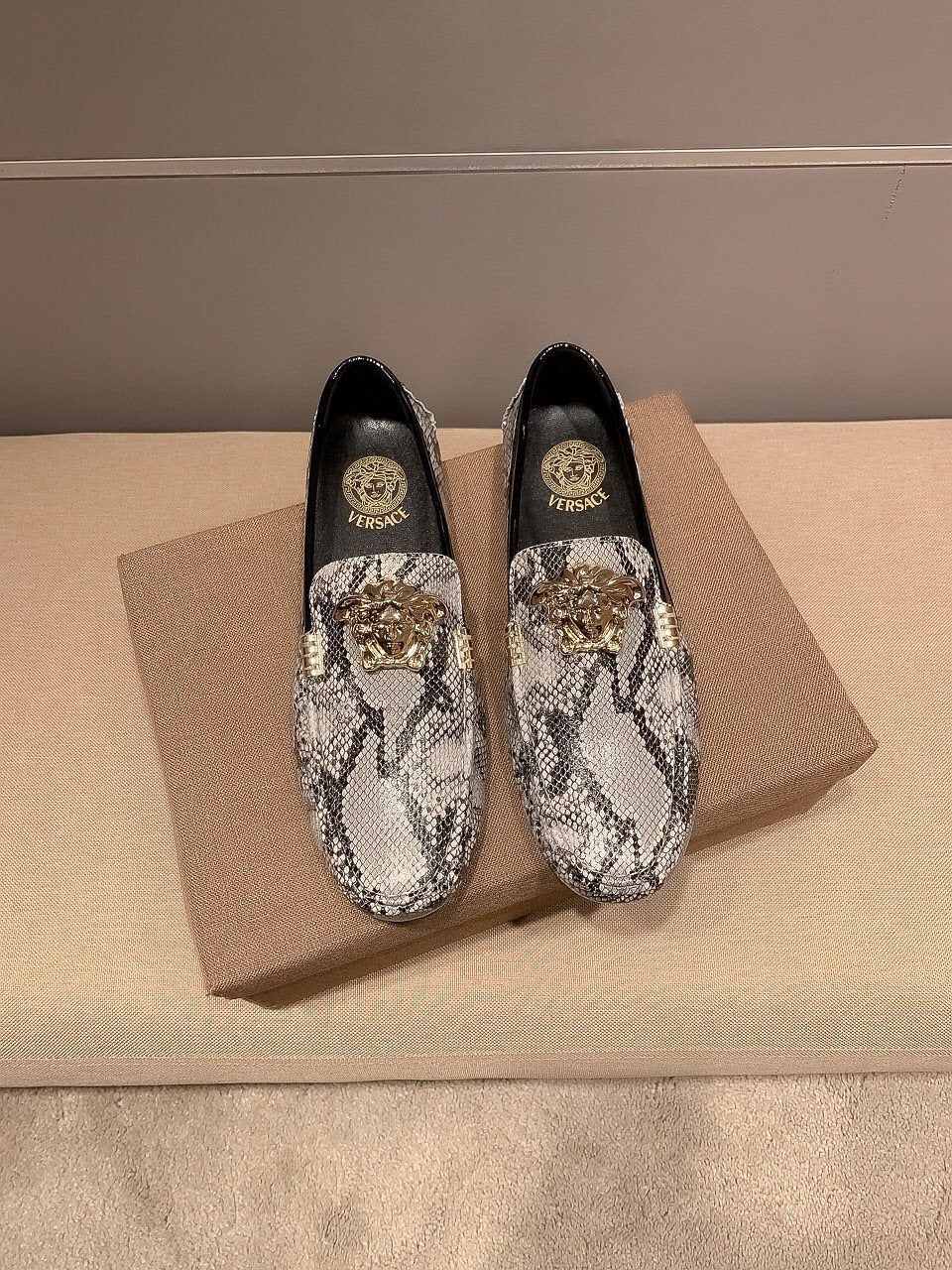 Versace Men's Gray Snakeskin Slip-On Loafers