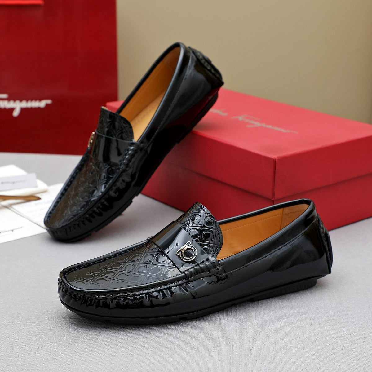 Ferragamo Men's Black Metal-Strap Loafers