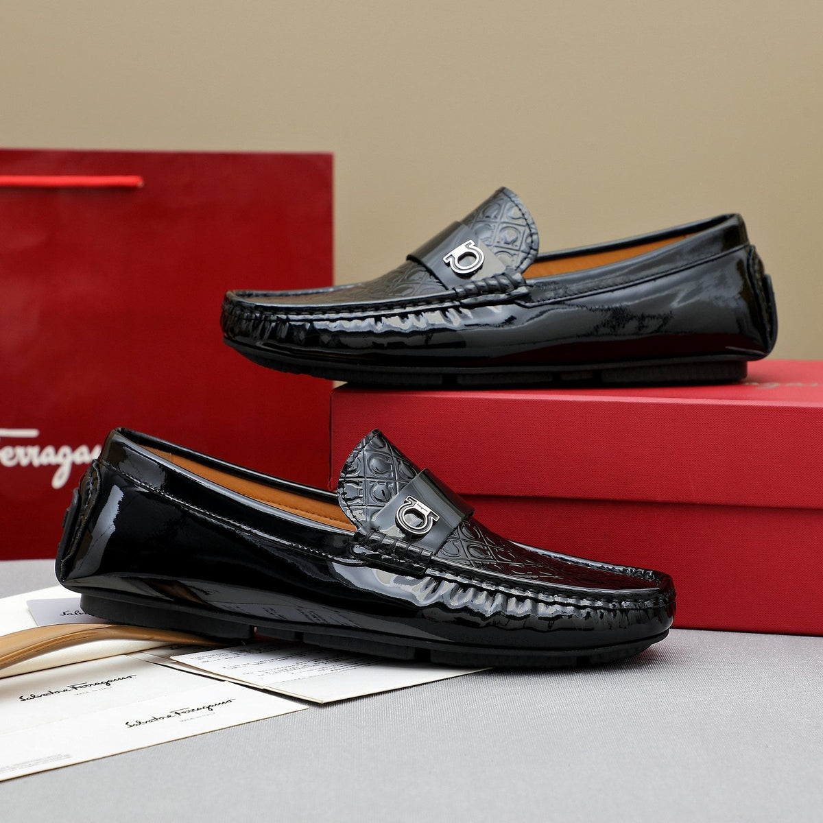 Ferragamo Men's Black Metal-Strap Loafers