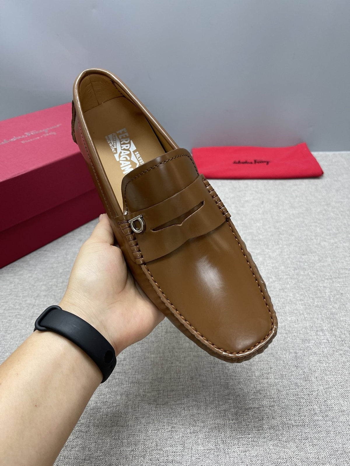 Ferragamo Men's Brown Buckle Driving Loafers