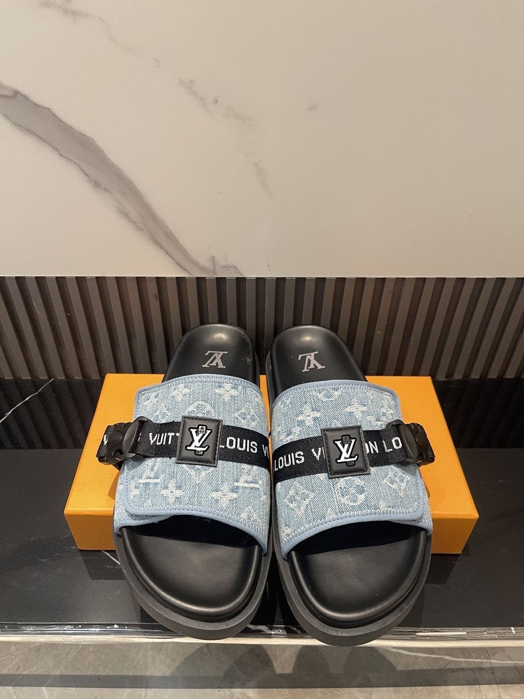 Louis Vuitton Light Blue and Black Slide Sandals