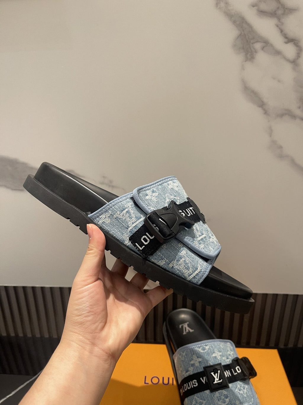 Louis Vuitton Light Blue and Black Slide Sandals