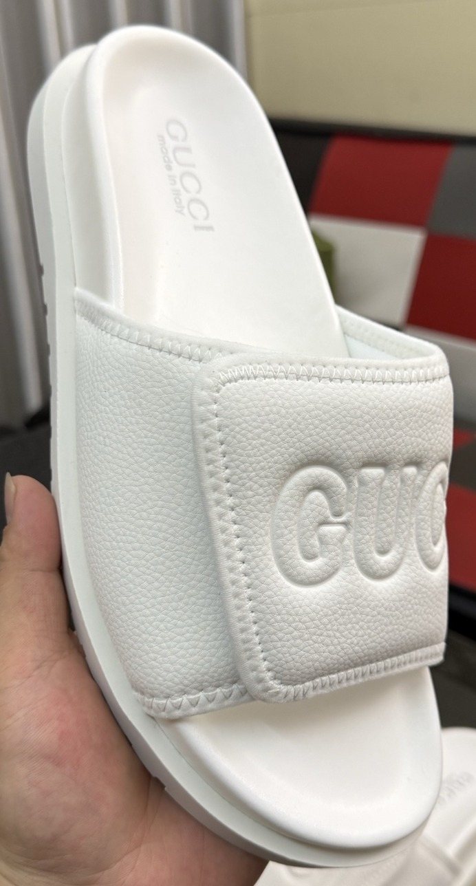 Gucci White Embossed Slide Sandals