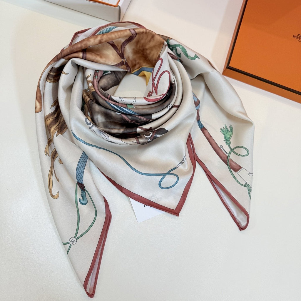 Hermès Cream Equestrian Silk Square Scarf