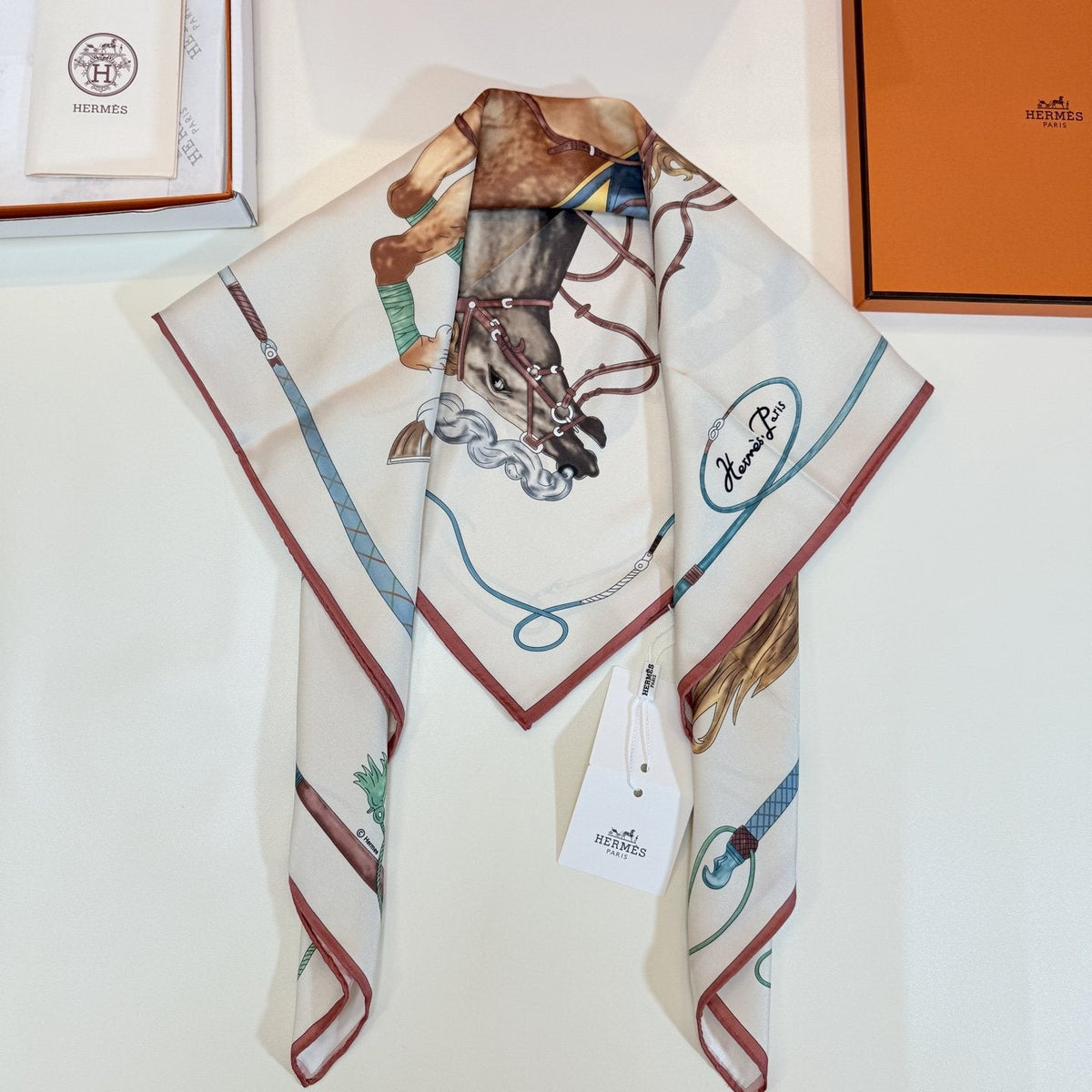 Hermès Cream Equestrian Silk Square Scarf