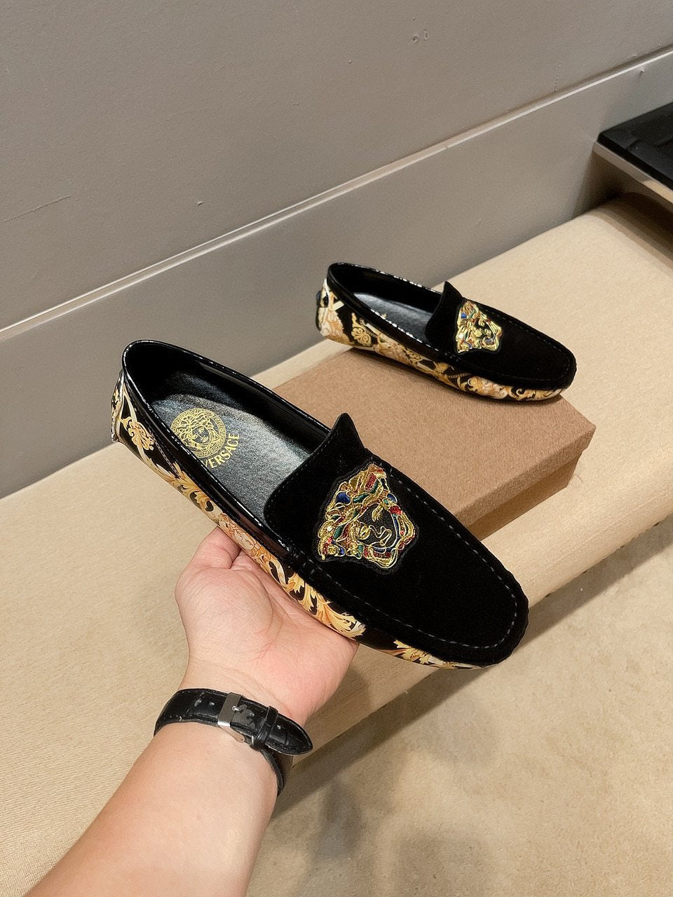 Men's Black Gold Ornamental Slip-On Loafers