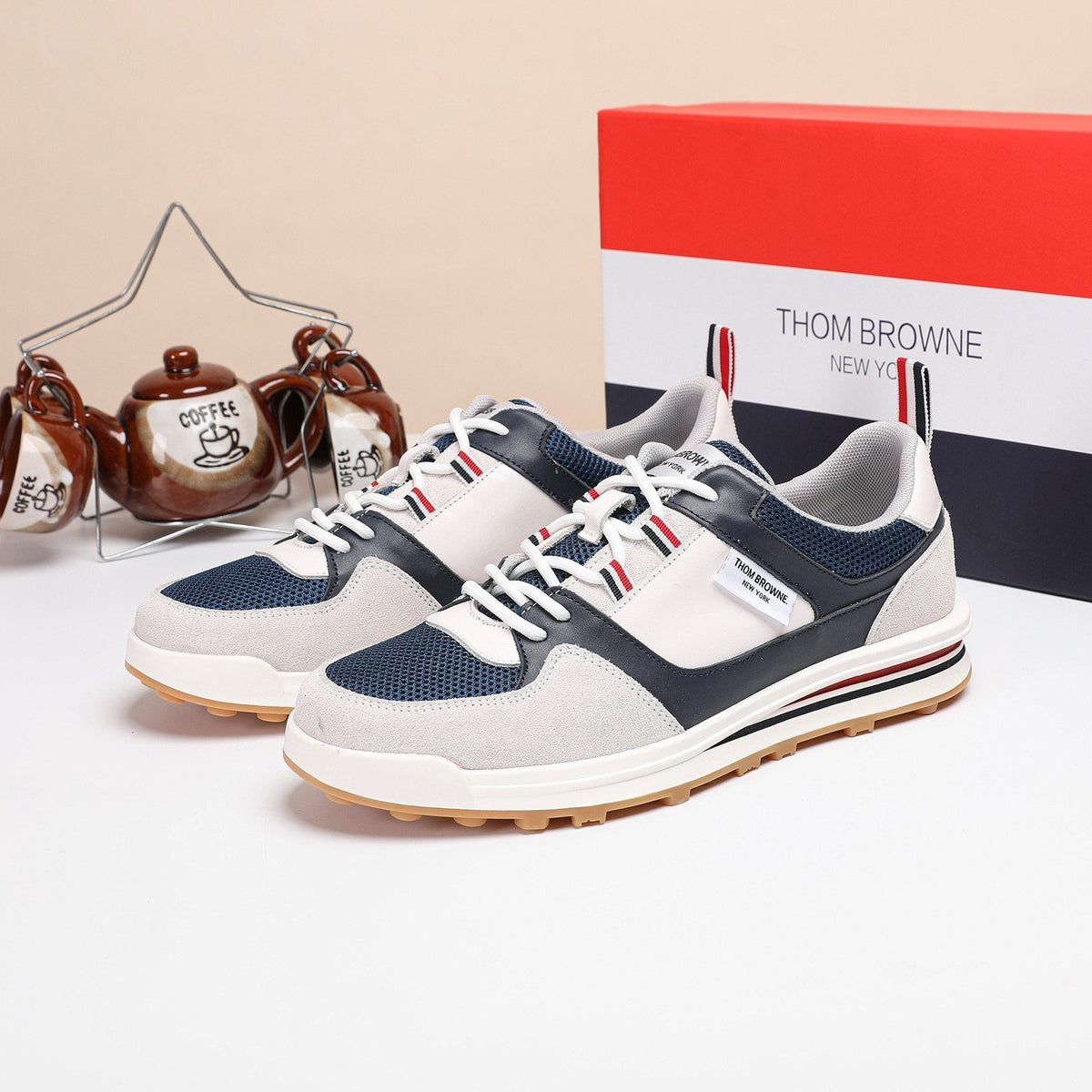Thom Browne White Navy Panel Low-Top Sneakers