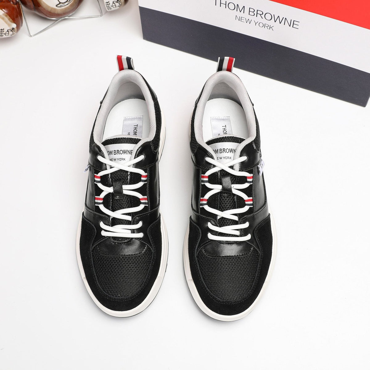 Thom Browne White Navy Panel Low-Top Sneakers