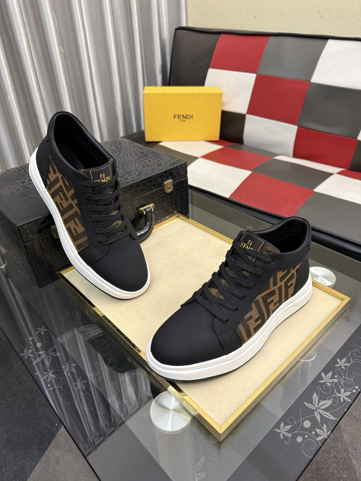 Fendi Patterned-Panel Lace-Up Sneakers