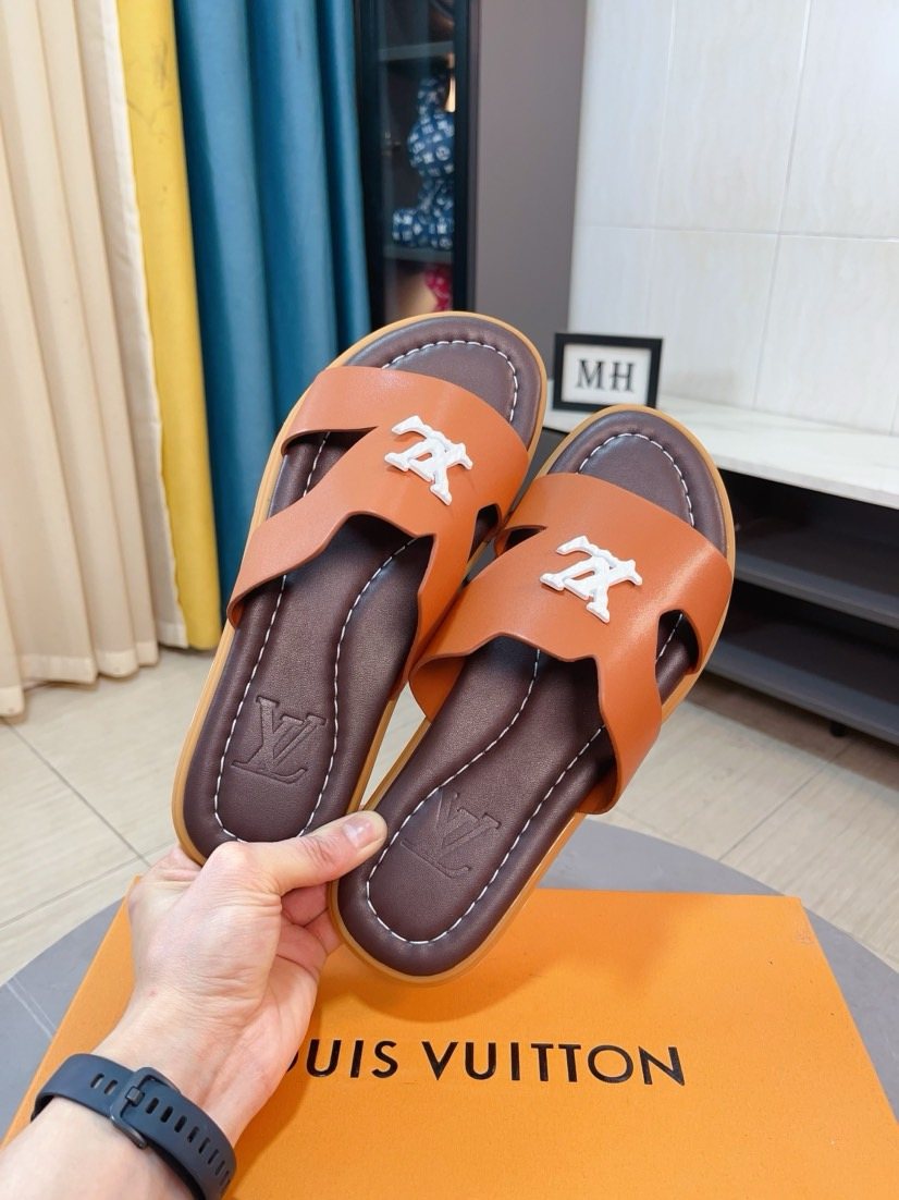Louis Vuitton Men's Embossed Strap Slide Sandals - Layered Contrast Sole