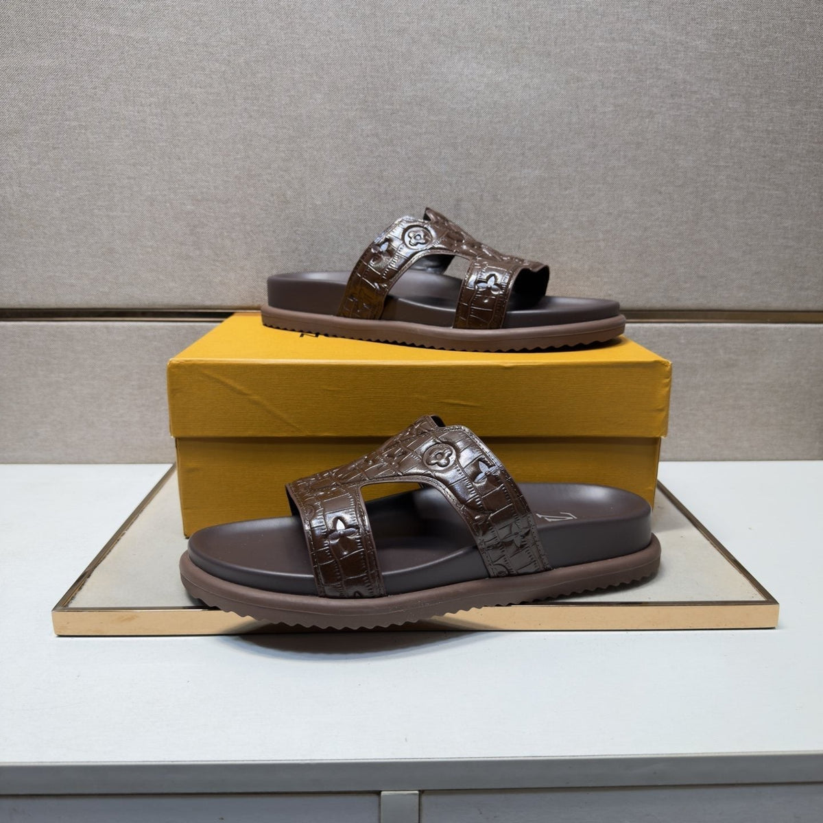 Louis Vuitton Men's Textured Monogram Slide Sandals