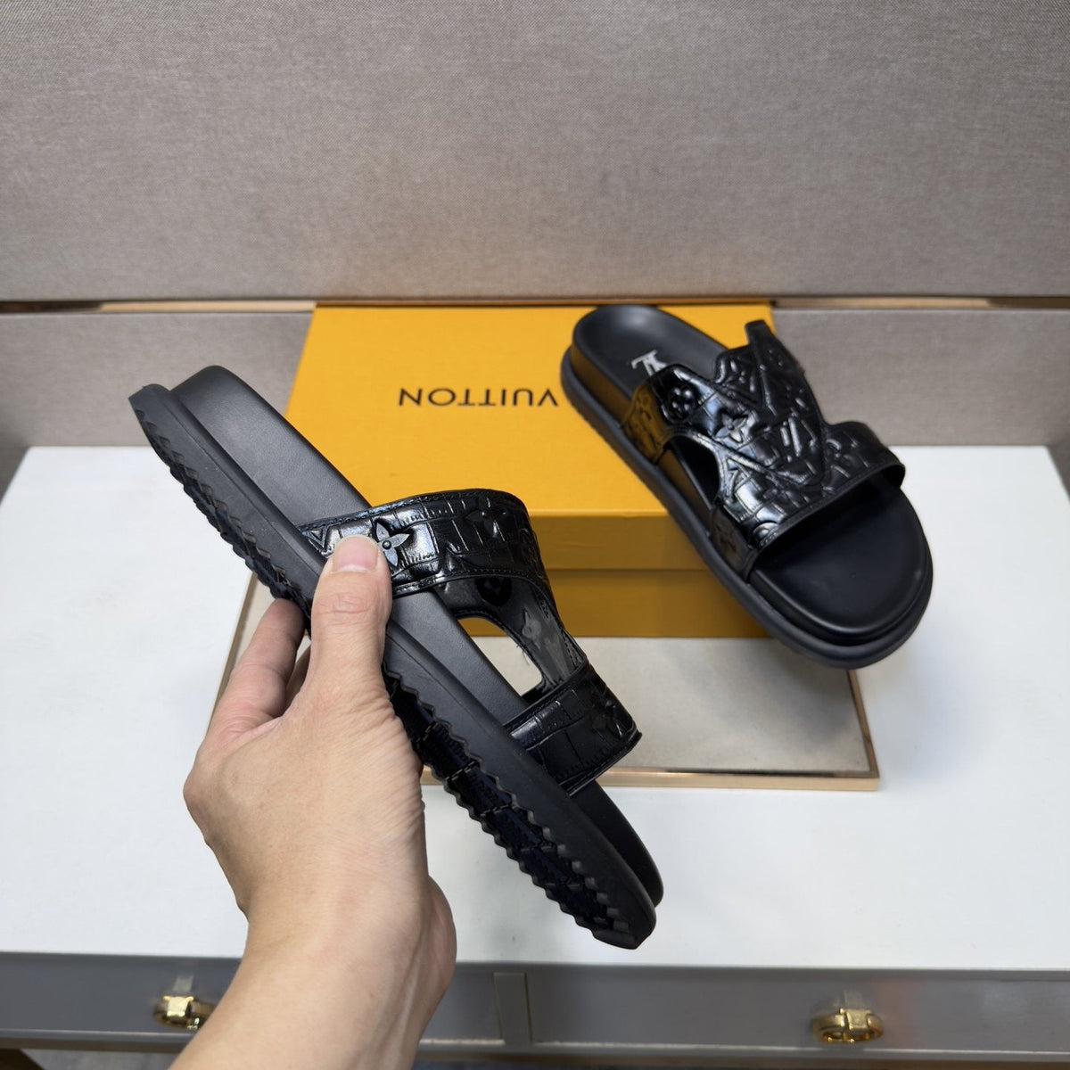 Louis Vuitton Men's Textured Monogram Slide Sandals