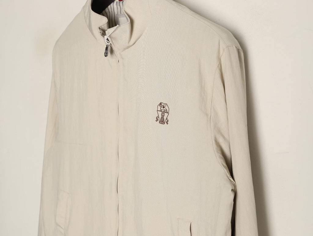 Brunello Cucinelli BC Travelwear Embroidered-Badge Stand-Collar Jacket - Beige